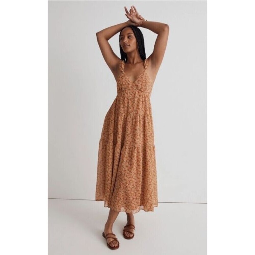 Madewell Georgette Ruffle-Sleeve Tiered Midi Dress Floral Babydoll Sundress Sz 2